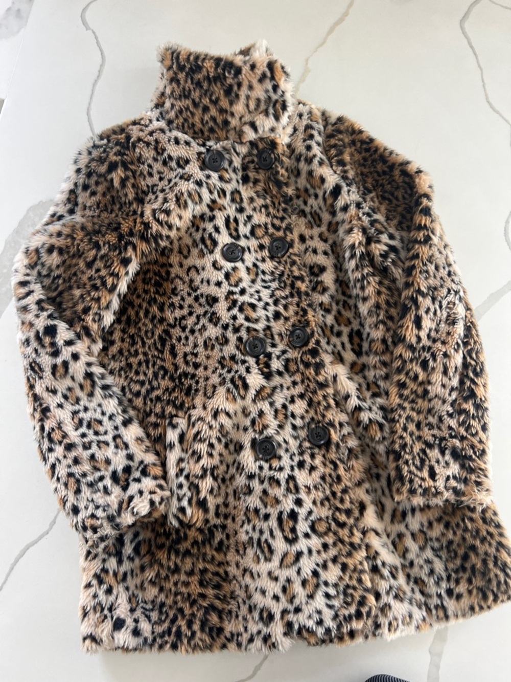 Faux Leopard Print Double-Breasted Coat - Beige/Tan/Black